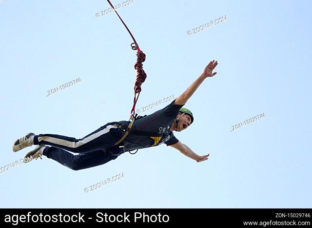 Jumping with a rope.Man on the rope.Ropejumping