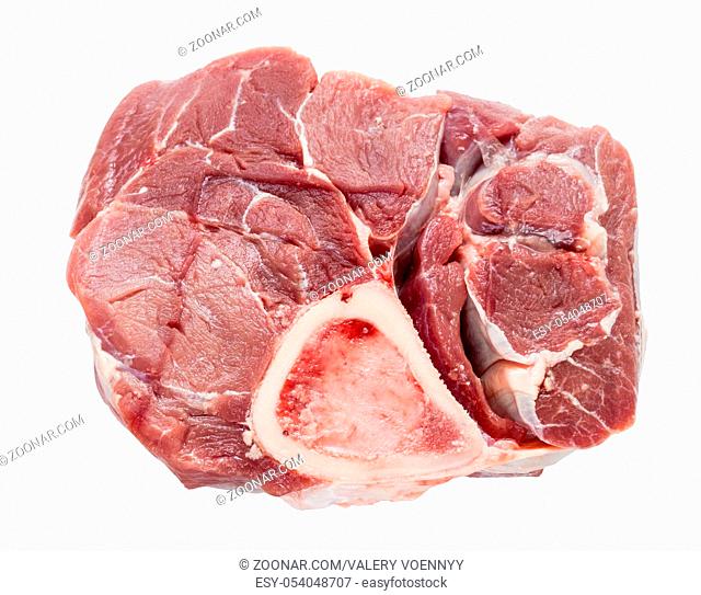 piece of raw veal meat with marrowbone for italian dish Ossobuco isolated on white background