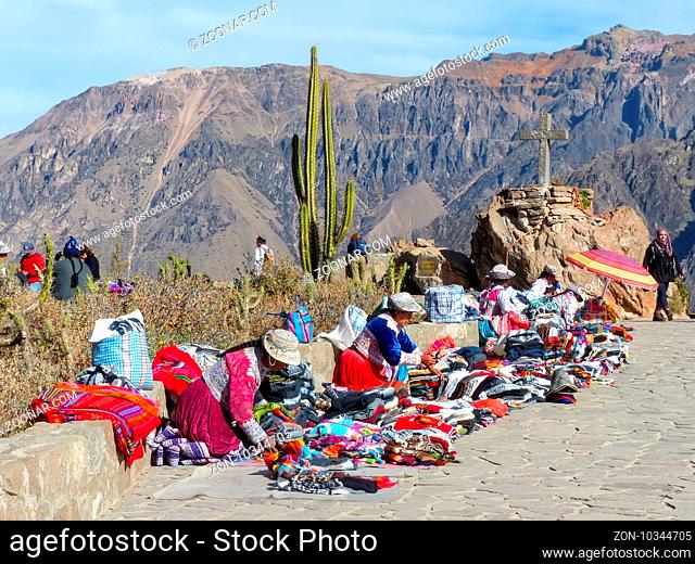 Small souvenir market at Mirador Cruz del Condor in Colca Canyon, Peru. It is very popular viewpoint for spotting Andean condors