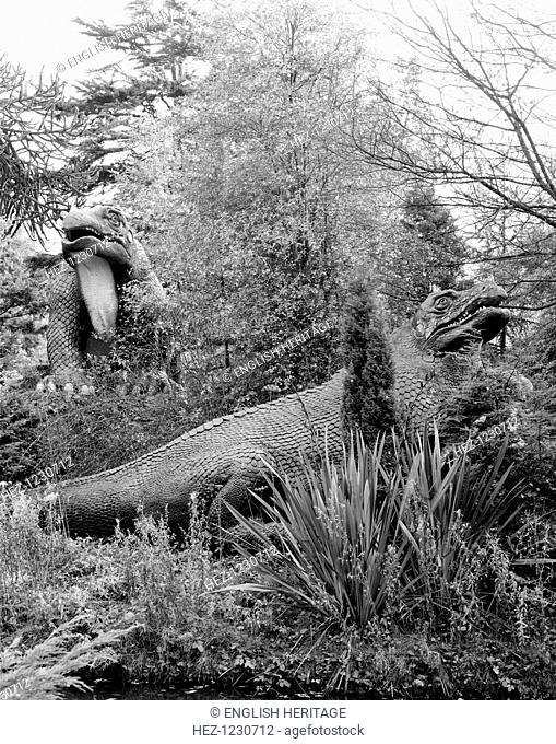 Prehistoric monsters, Crystal Palace Park, Bromley, 1981. Statues of life-size prehistoric monsters dating from 1854 in Crystal Palace Park, Bromley
