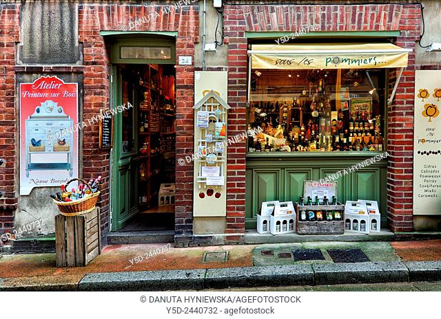 local store with regional products and souvenirs, old town of Honfleur, Calvados, Normandy, France
