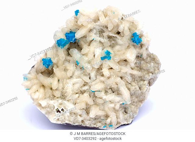 Cavansite (blue) and stilbite (white). Cavansite is a calcium vanadium silicate and stilbite is a zeolite group silicates