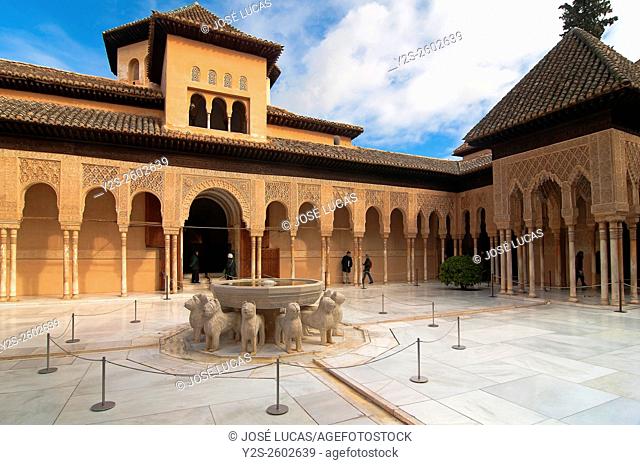 The Lions Courtyard, The Alhambra, Granada, Region of Andalusia, Spain, Europe
