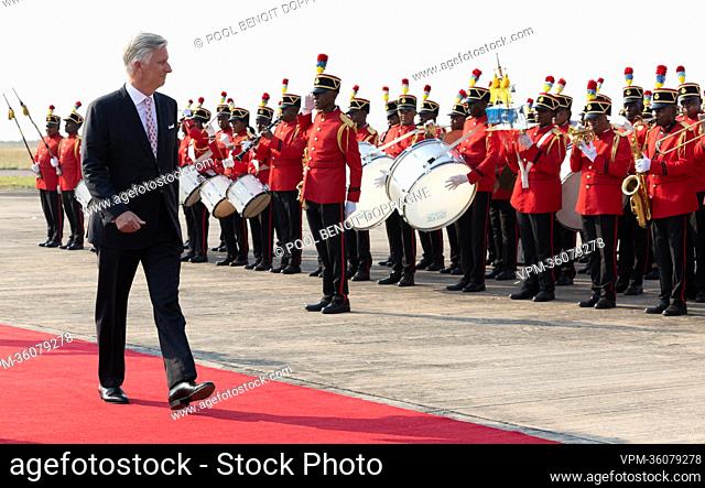 King Philippe - Filip of Belgium pictured during the official welcome at N'Djili, Kinshasa International Airport, during an official visit of the Belgian Royal...