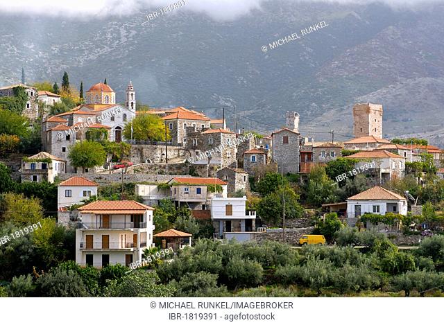 The medieval village Malnia with its towers, Peloponnese, Greece, Europe