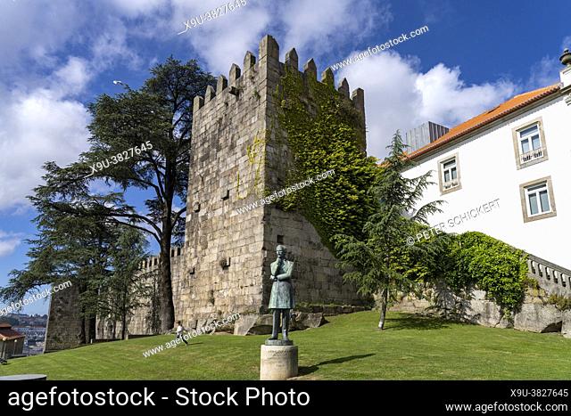 Arnaldo Gama Statue and historic city wall tower in Porto, Portugal, Europe