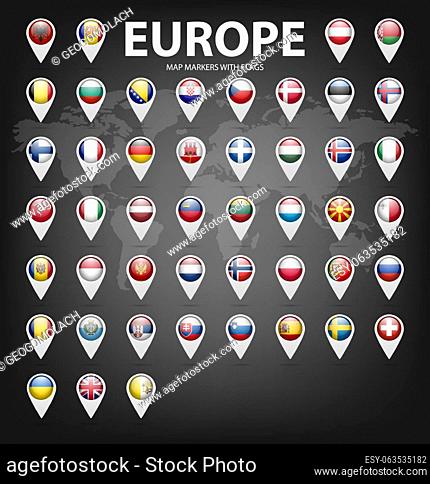 White map markers with flags - Europe. Original colors