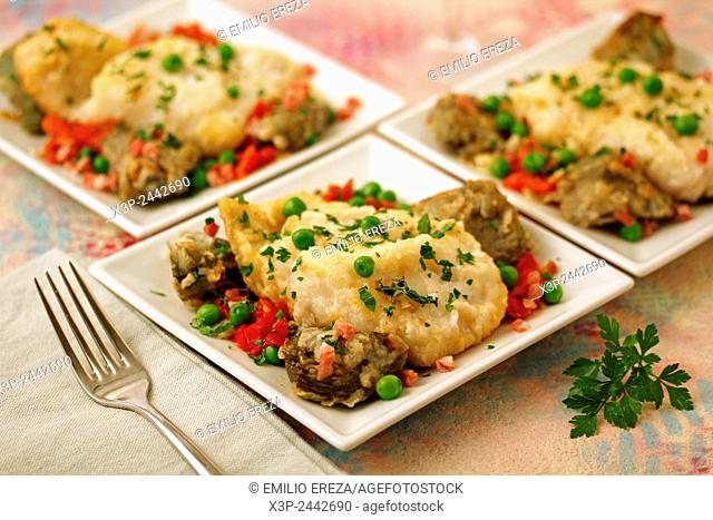 Cod with peas and artichokes