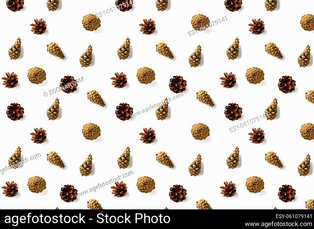 Creative Pine cone Christmas background on white. Pine branches and cones. minimal creative cone arrangement pattern. flat lay, top view