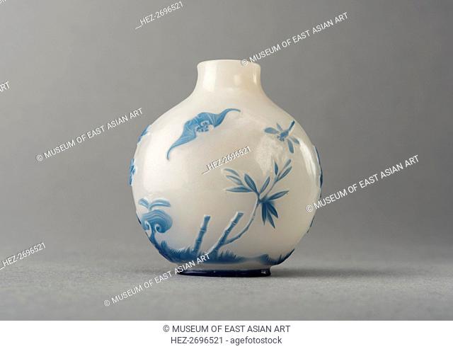 White glass snuff bottle with blue overlay, China, Qing dynasty, 1644-1911. Creator: Unknown