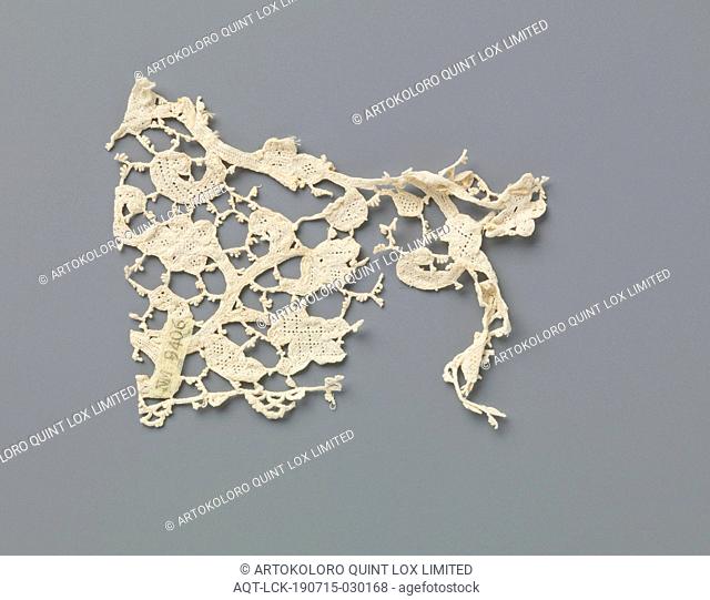 Fragment of a strip of needle lace with curly tendrils and multifarious flowers, Fragment of a strip of natural colored needle lace, Venise flat