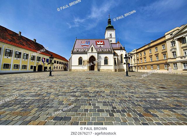St. Mark's Church and cobbles of St. Mark's Square in Zagreb, Croatia