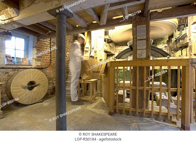 England, Hertfordshire, Hatfield, Interior view of the Mill Green Museum. The watermill is fully restored and probably stands on the site of one of four...