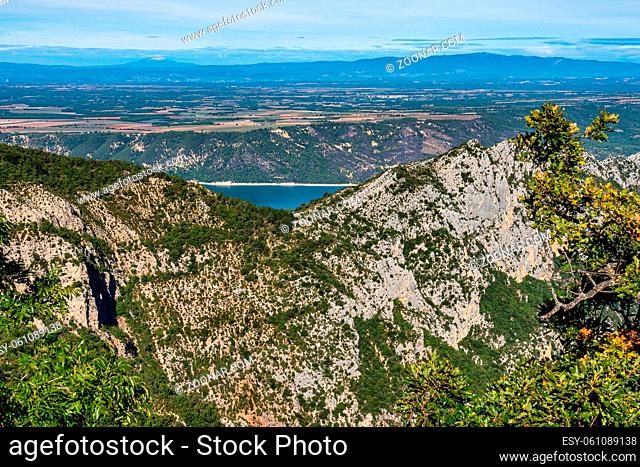 Verdon Gorge, Gorges du Verdon, amazing landscape of the famous canyon with winding turquoise-green colour river and high limestone rocks in French Alps