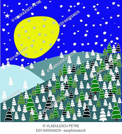 pine forest with snowflakes and stars