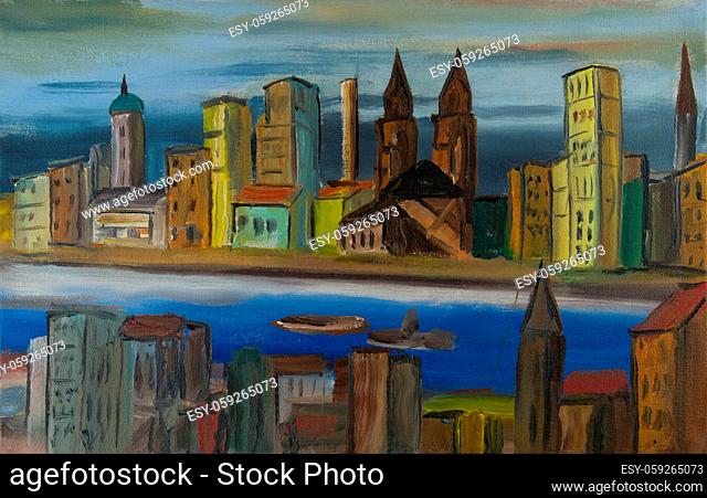 Ölmalerei - Stadt am Fluß mit braunen Kirchen und vielen bunten Häusern