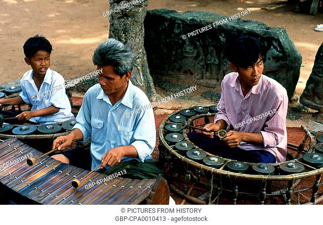 Cambodia: A pinpeat or traditional Khmer musical ensemble, Ta Prohm temple near Tonle Bati, south of Phnom Penh