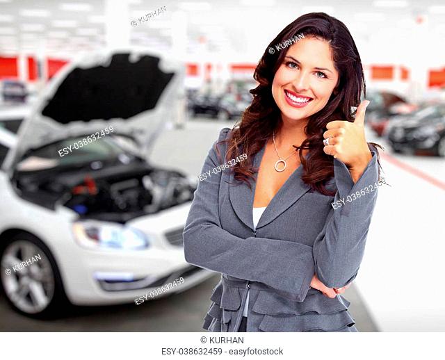 Car dealer woman. Auto dealership and rental concept background