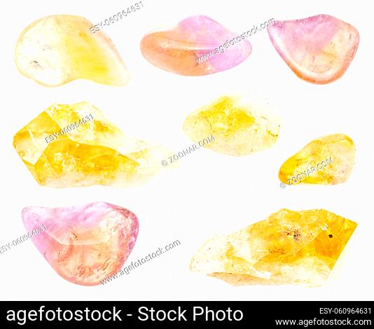 set of various Citrine gemstones isolated on white background