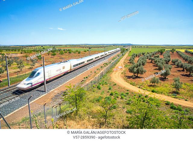 AVE high-speed train traveling along La Mancha. Fernan Caballero, Ciudad Real province, Castilla La Mancha, Spain