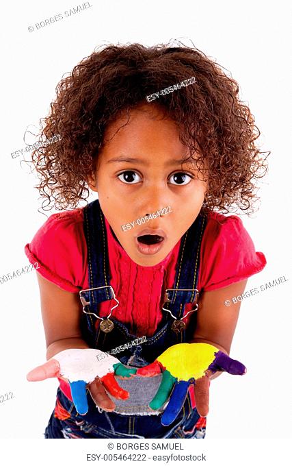 Little African Asian girl with painted hands