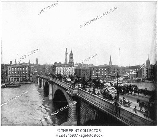 London Bridge, London, late 19th century. View from Southwark across to the City, with the Monument and the spire of St Magnus the Martyr