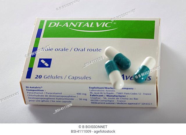 Di-Antalvic active principles : dextropropoxyphene and paracetamol , pharmacological class : opiate antalgic , indication : pains mild to intense