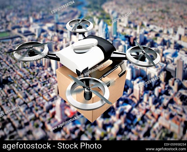 Unmanned drone carrying cargo box above the big city view. 3D illustration