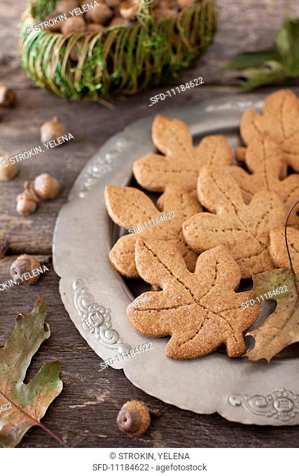 Leaf Shaped Whole Wheat Maple Graham Cookies on a Platter; Acorns