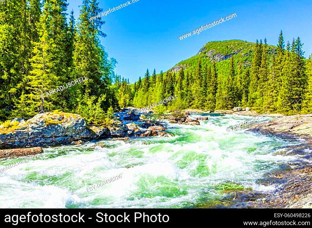 Fast flowing river water of the waterfall Rjukandefossen in Hemsedal Viken Norway