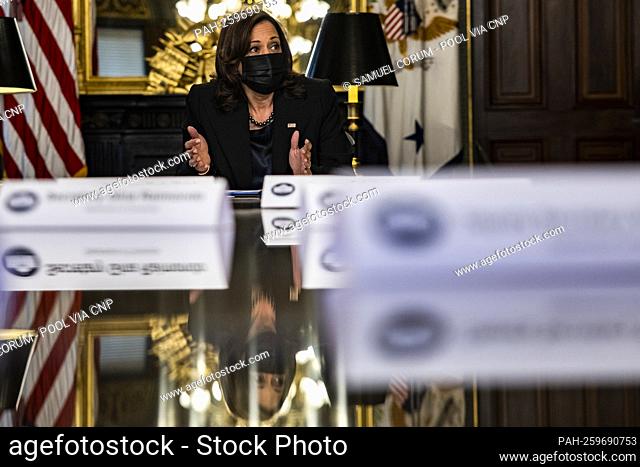 United States Vice President Kamala Harris speaks during a meeting with Biden Administration officials in the Eisenhower Executive Office Building in Washington