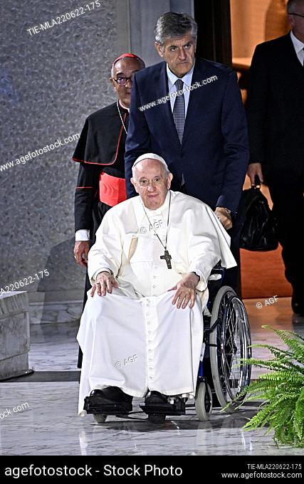 Pope Francis, sitting in a wheelchair after a knee treatment, participates in the 10th World Festival of Families at the Vatican, Paul VI Audience Hall