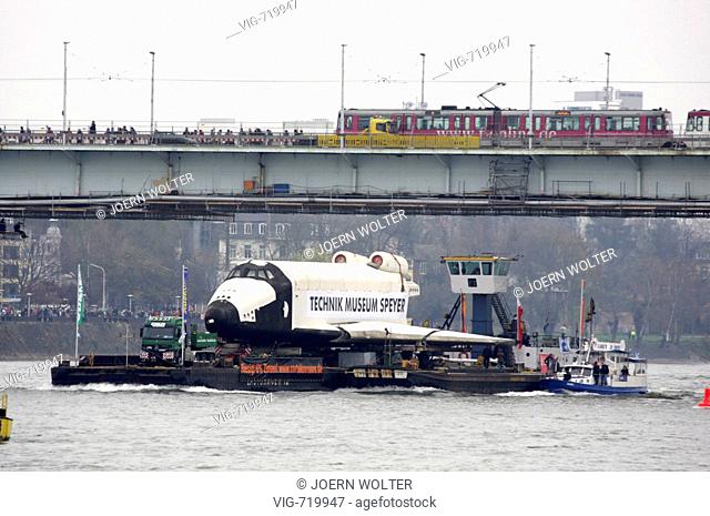 GERMANY, BONN, 09.04.2008, Former Russian space shuttle - Buran - on the way on the Rhine to the technical museum Speyer