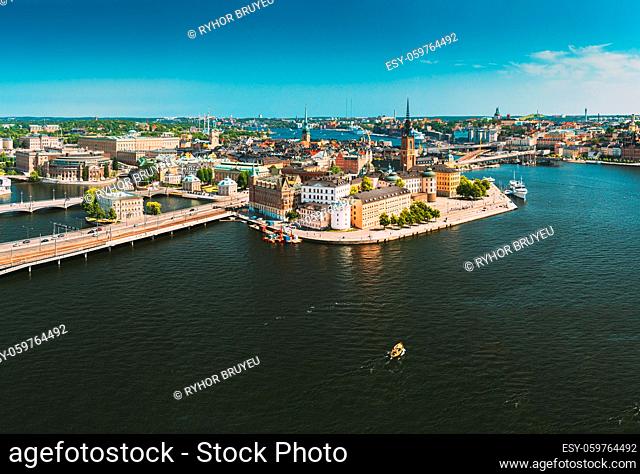 Stockholm, Sweden. Scenic View Of Stockholm Skyline At Sunny Summer Day. Famous Popular Destination Scenic Place. Riddarholm Church In Panorama Panoramic View