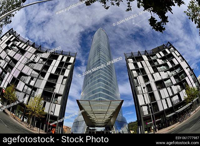 Iberdrola Tower and Modern buildings at Euskadi Square in Bilbao, Basque Country, Biscay, Spain, designed by Carlos Ferrater
