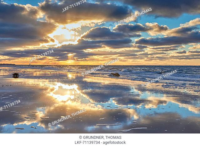 Reflections on the beach at sunset, Weststrand, Darss, Baltic sea coast, Mecklenburg Vorpommern, Germany