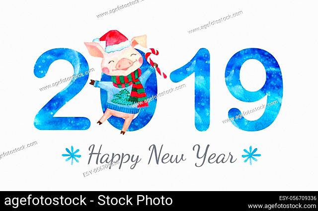 Happy New Year banner with cute Pig in Santa's hat and numbers. Greeting watercolor illustration. Symbol of 2019 year. Zodiac sign
