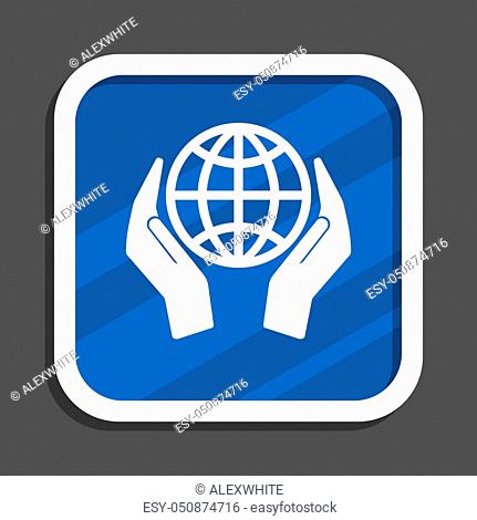 Hand protect the earth blue flat design square web icon