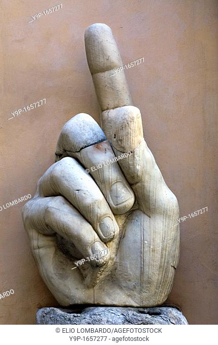 Hand of colossal statue of Constantine from the Basilica of Maxentium, courtyard of Palazzo dei Conservatori, Rome, Latium, Italy