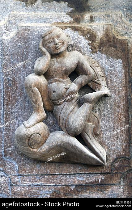 Carved teak figure, Shwe In Bin Kyaung Monastery, Mandalay, Burma, Myanmar, Asia
