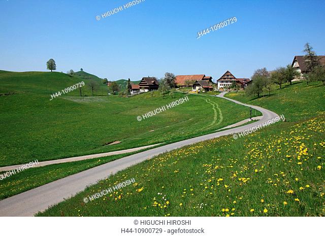 Travel, Nature, Agriculture, Europe, Switzerland, Zug, Menzingen, Farmhouse, Farmland, Rural, Tranquil, Scenic, Landscape, Blue Sky, Green, Spring, Meadow