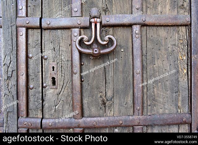 Ampudia, Castle. Door iron works detail. Tierra de Campos, Palencia province, Castilla y Leon, Spain