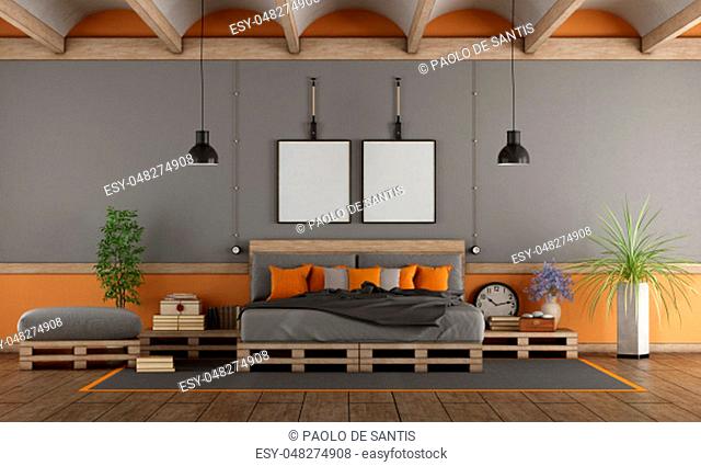 Gray and orange master bedroom with pallet bed - 3d rendering