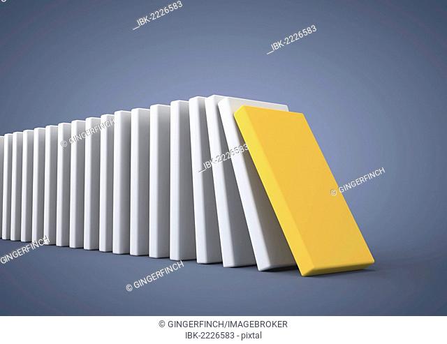 Dominoes falling, symbolic image for domino effect, knock-on effect, chain reaction, 3D illustration