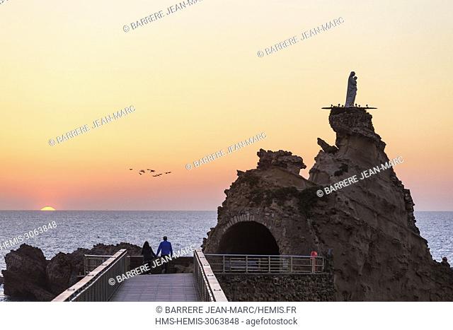 France, Pyrenees Atlantiques, Biarritz, Rocher de la Vierge at sunset