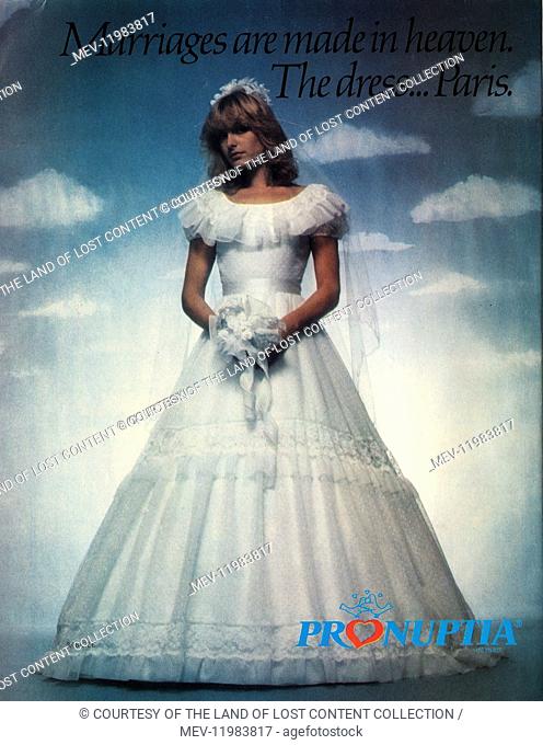 Pronuptia wedding dress advertisement. Shows round frill neck & large tiered skirt. Dated around the 1970s