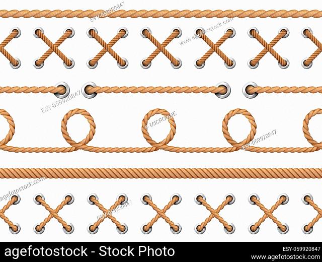 Nautical ropes seamless. Line rope design pattern, retro marine string knot borders. Endless ship cable, nautical cord recent vector elements