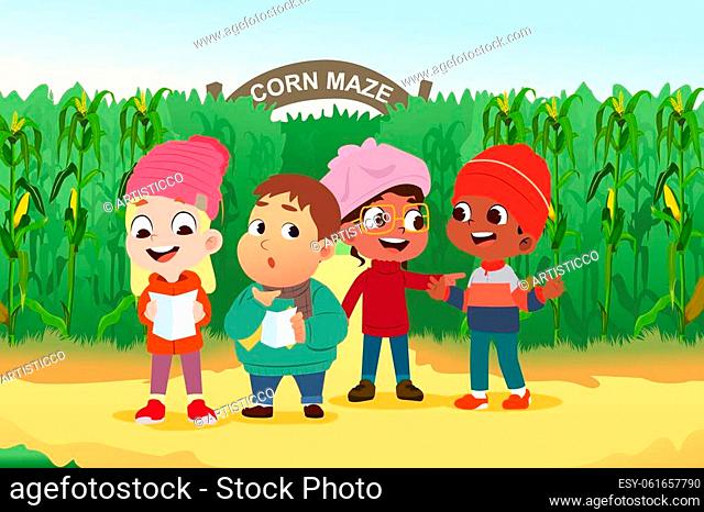 A vector illustration of Children Reading Map in a Corn Maze During Fall Season