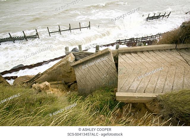 The lifeboat launching ramp destroyed at Happisburgh on the Norfolk Coast This section of caost is the fastest eroding point in the uK and speeding up to to...