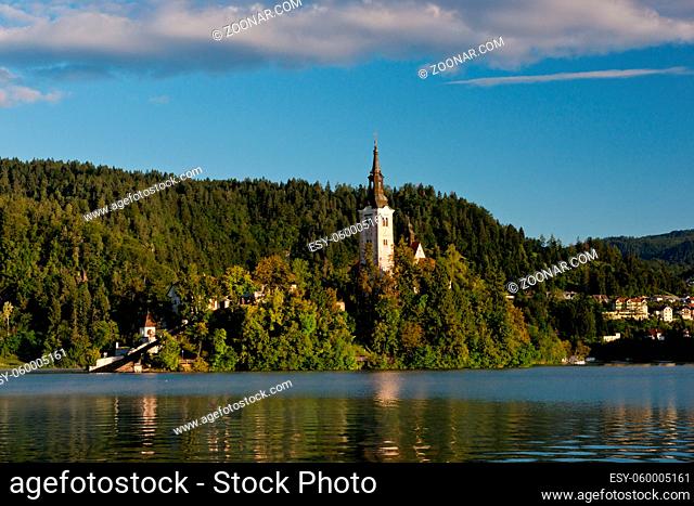 The island with the Assumption of Mary Church situated on the Lake Bled in the Julian Alps. One of the icon of Slovenia
